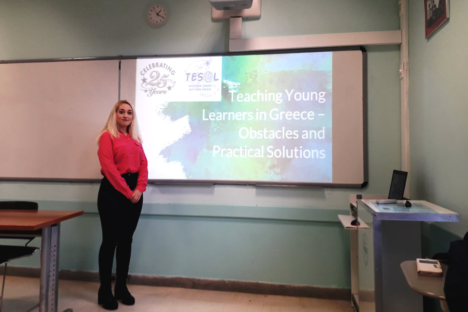 Last but definitely not least, Ms. Maria Gourmou presented a talk entitled "Teaching English to young learners in Greece: Obstacles and Practical Solutions."